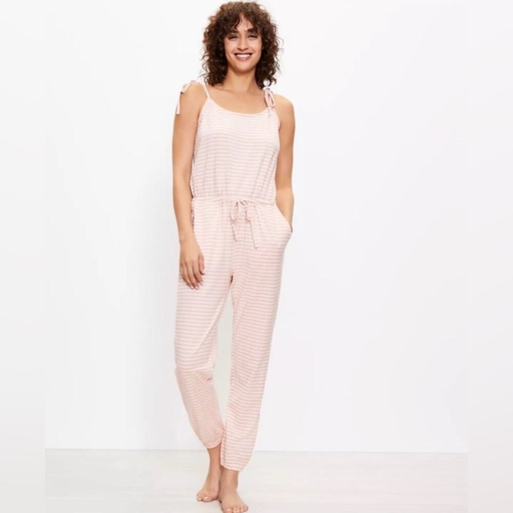 NWT Loft Sleep Bow Strap Pajama Romper Pink And White Size Small